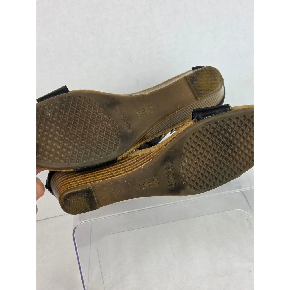 Aerosoles Womens 9 Yet Another Black Leather Wedge Sandals  Strappy Buckle